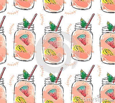 Hand drawn vector abstract summer time organic fresh fruits seamlees pattern with cocktail in glass bottle jar Vector Illustration