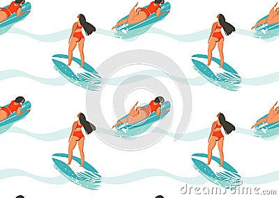 Hand drawn vector abstract summer time seamless pattern with surfers girl in bikini,surfboards and ocean waves texture Vector Illustration