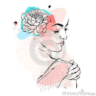 Hand drawn vector abstract textured collage illustration with female bridal figure with flowers in head in pastel colors Vector Illustration