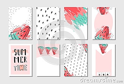 Hand drawn vector abstract textured funny summer time cards set template with watermelon slice in pastel colors isolated Vector Illustration