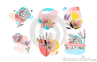 Hand drawn vector abstract textured trendy creative universal collage collection elements set with peony flowers motifs Vector Illustration