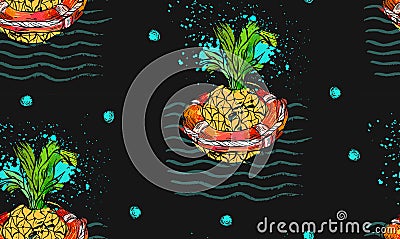 Hand drawn vector abstract tropical seamless pattern with pineapple in red lifebuoy on sea waves, freehand textures Vector Illustration