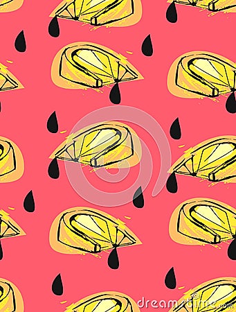 Hand drawn vector abstract unusual summer time seamless pattern with lemon slice and juice drops isolated on pink Vector Illustration