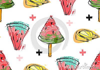 Hand drawn vector abstract unusual summer time seamless pattern with watermelon slice,icecream,lemon and crosses Vector Illustration