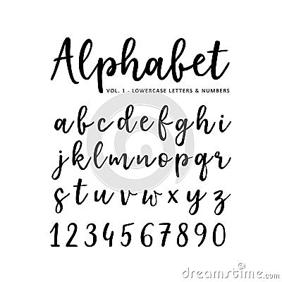 Hand drawn vector alphabet. Brush script font. Isolated lower case letters and numbers written with marker or ink Vector Illustration