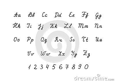 Hand drawn vector alphabet. Calligraphic script font. Calligraphy letters A-Z and numbers 0-9 written with liner. Latin Vector Illustration