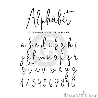 Hand drawn vector alphabet. Modern monoline signature script font. Isolated lower case letters and numbers written with Vector Illustration
