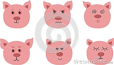 Hand drawn vector art of pig. Nine character emotions: happy, sadness, anger, love, surprise. Vector Illustration