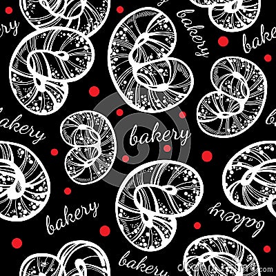 Hand-drawn vector artwork seamless pattern of linear style pretzels. Vintage bakery, graphic food elements isolated. Vector Illustration