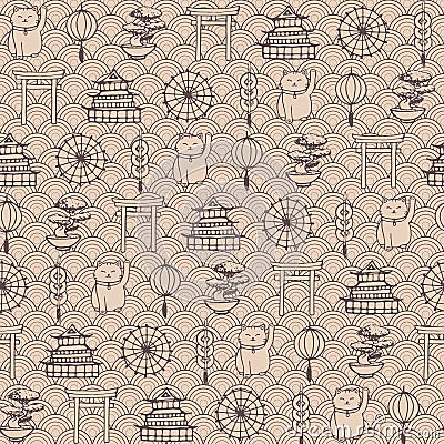 Hand drawn vector asian seamless pattern containing oriental elements brown contours Vector Illustration