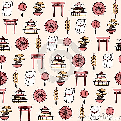 Hand drawn vector asian seamless pattern containing oriental elements Vector Illustration