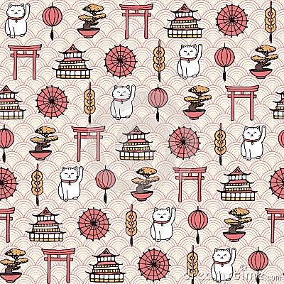 Hand drawn vector asian seamless pattern containing oriental elements Vector Illustration