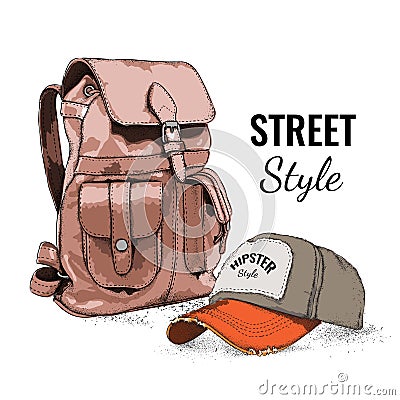 Hand drawn Vector Backpack and cap. Vector illustration Vector Illustration