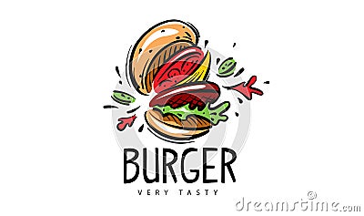 Hand drawn vector burger logo on white background Stock Photo