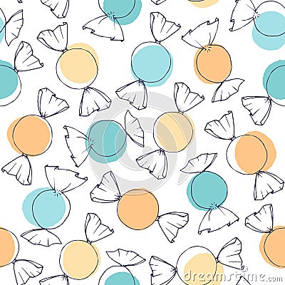 Hand drawn vector candy outline with blue and yellow circles seamless pattern on the white background. Easter holiday decoration Vector Illustration