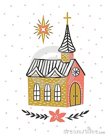 Hand drawn vector card with the Catholic temple and star of Bethlehem. Christmas print design. Vector Illustration