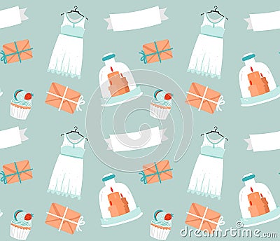 Hand drawn vector cartoon rustic sketched wedding elements seamless pattern decoration isolated on blue background. Vector Illustration