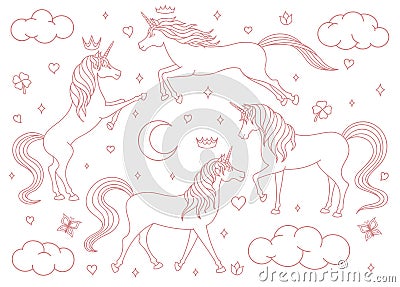 Hand drawn vector cartoon unicorns outline set isolated on white background. Magic creatures with stars, moons, clouds, butterflie Vector Illustration