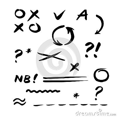 Hand drawn vector Check mark. Set of correction and highlight elements. Vector Illustration