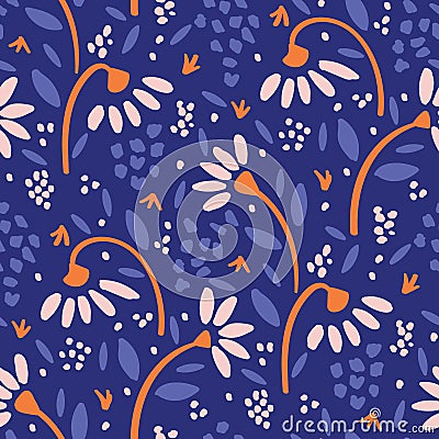 Hand Drawn Vector Classic Blue Daisy Summer Bloom Floral Motif Seamless Pattern. Pretty Vintage Flower Petal Background. Modern Stock Photo