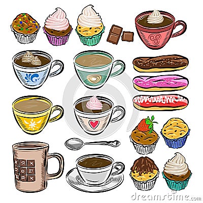 Hand drawn vector coffee set. Coffee cups and cakes. Vector Illustration