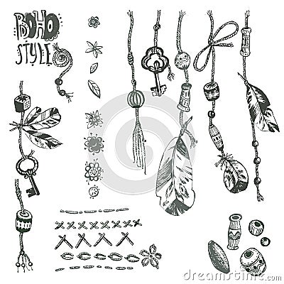 Hand drawn vector collection of boho elements: rope, beads, feat Vector Illustration