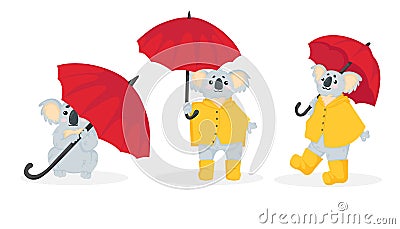 Hand drawn vector collection of illustration of a little koala bear in yellow raincoat and rubber boots walking under an red umbre Cartoon Illustration