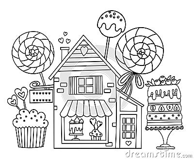 Hand-Drawn Vector Coloring Page Featuring A Cute Candy Shop House With Cakes On Display Vector Illustration