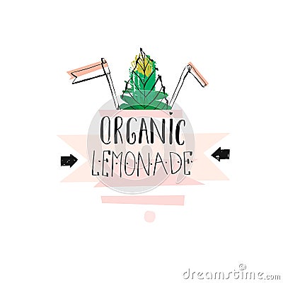 Hand drawn vector creative unique Lemonade sign with mint leaves,arrows and handwritten modern calligraphy quote Organic Vector Illustration