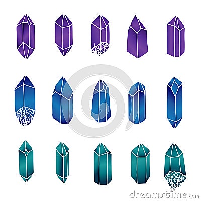 Hand drawn vector crystals set isolated on the white background. Green, blue and purple gemstones Vector Illustration