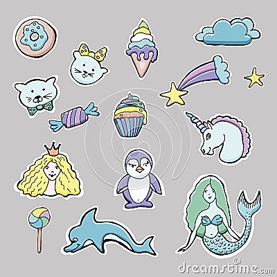 Hand drawn vector cute set of stickers. Vector Illustration