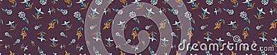 Hand drawn vector daisy summer bloom banner. Floral motif seamless border pattern. Pretty vintage brown flower petal background. Stock Photo