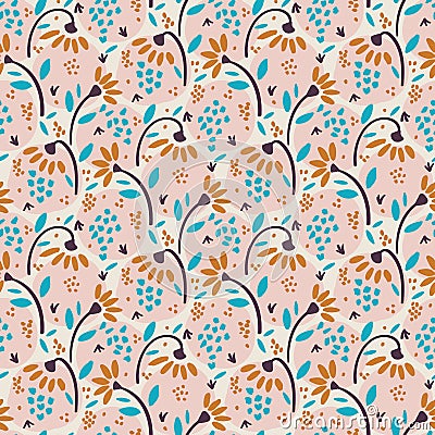 Hand Drawn Vector Daisy Summer Bloom Floral Motif Seamless Pattern. Pretty Vintage Pink Flower Petal Background. Modern Feminine Stock Photo