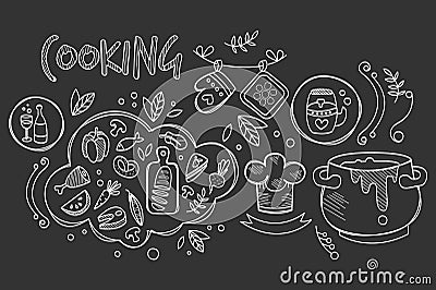 Hand drawn vector design of cooking ingredients and kitchen utensils for preparation dishes. Food and drink. Culinary Vector Illustration