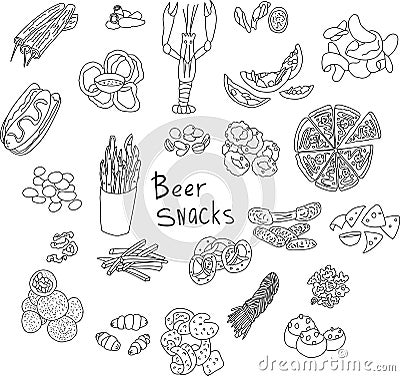 Hand drawn vector doodle of beer snacks. Vector Illustration