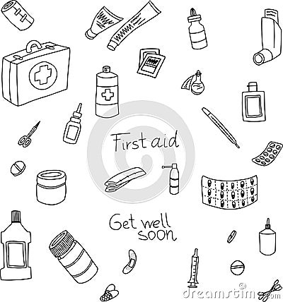 Hand drawn vector doodle illustration of first aid supplies. Vector Illustration