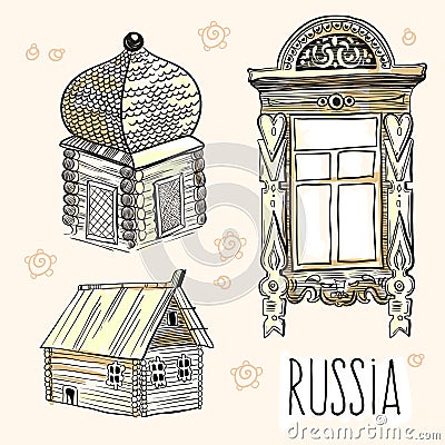 Hand-drawn vector elements of russian huts. Culture, way of life, traditions. Russian style illustration. Vector Illustration