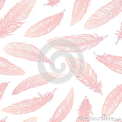 Hand drawn vector feathers line art seamless pattern on white background. Detailed pink boho decoration Vector Illustration