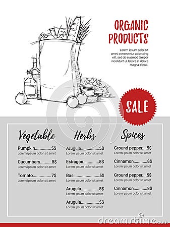 Hand drawn vector flyer - Organic Products. Fresh vegetables. Vector Illustration