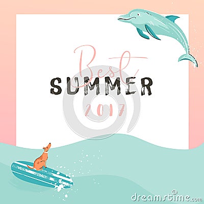 Hand drawn vector funny summer time illustration poster with surfer dog on surfboard,jumping dolphin and modern Vector Illustration