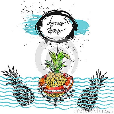 Hand drawn vector graphic abstract illustration of pineapple floating in lifebuoy in ocean waves. Vector Illustration