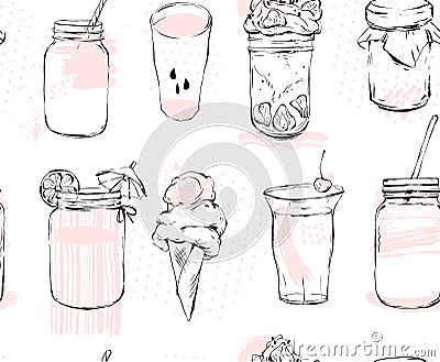 Hand drawn vector graphic seamless pattern with ice cream,glass jar,smoothie,milkshake,lemonade,jam and coctails Vector Illustration