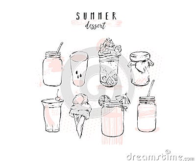 Hand drawn vector graphic summer desserts illustration set collection with lemonade,detox water,alcohol cocktail,fresh Vector Illustration