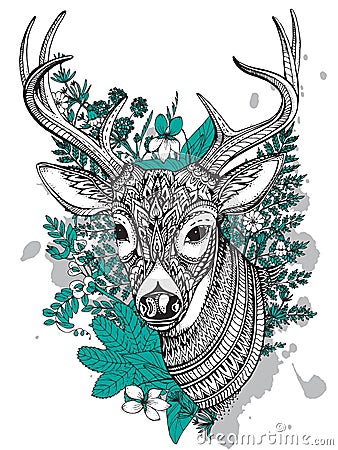 Hand drawn vector horned deer with high details ornament Vector Illustration