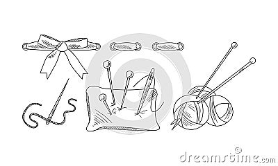 Hand drawn vector icons related to sewing and knitting theme. Pillow with needles, yarn of woolen threads Vector Illustration