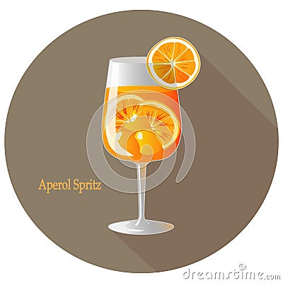 Hand drawn vector illustration of Aperol Spritz alcohol cocktail with a citrus orange slice decoration, in a brown circle Vector Illustration