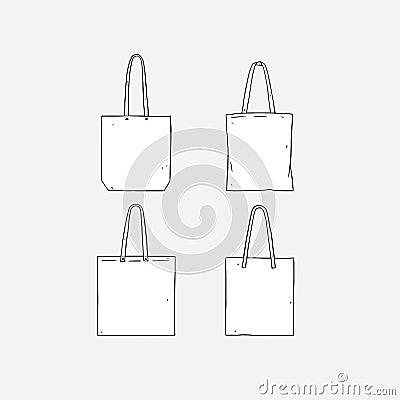 Hand drawn vector illustration of blank white tote bag on white background. Template fabric bag. canvas shopping bags. mock up. Vector Illustration