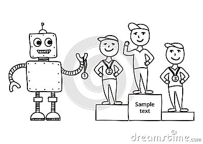 Hand drawn vector illustration, cartoon robot awards winners Vector Illustration