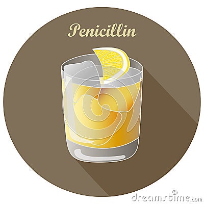 Hand drawn vector illustration of classic The Penicillin alcohol blended scotch cocktail with lemon in old fashioned glass Vector Illustration