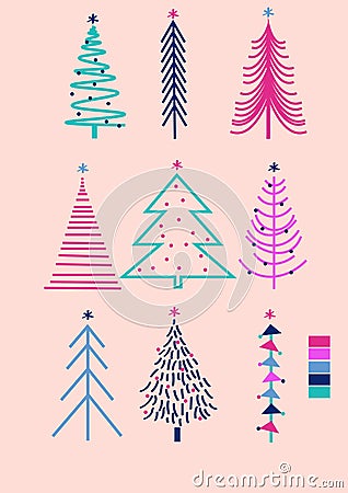Hand drawn vector illustration of cute bright trees. Christmas art, sign of Happy New Year 2020. Vector Illustration